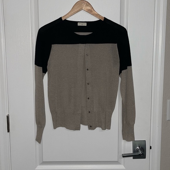 Dries Van Noten Beige/Black Color Block Wool/Silk Shimmer Accent Cardigan Small - Picture 2 of 7